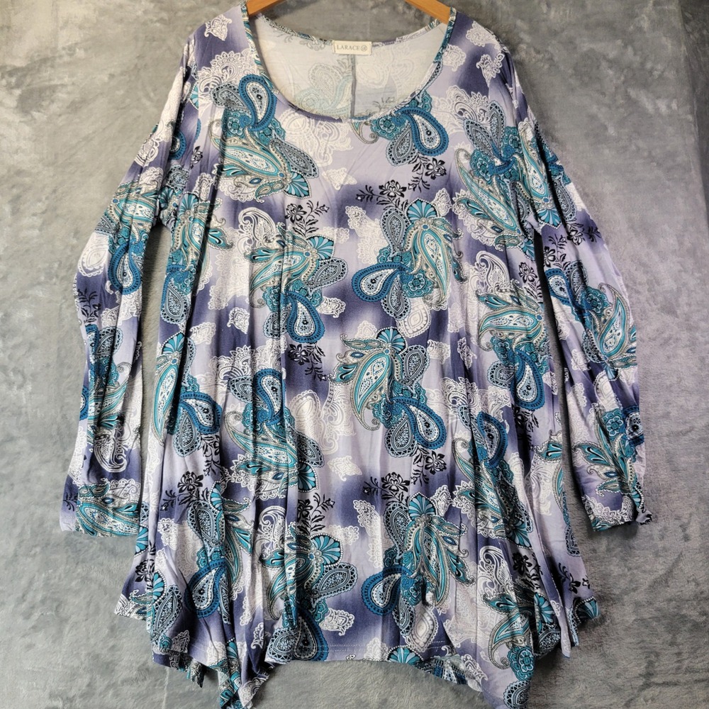 Larace Women 3X Blue‎ Paisley Sharkbite Hem Tunic Top Boho Flowy Stretchy